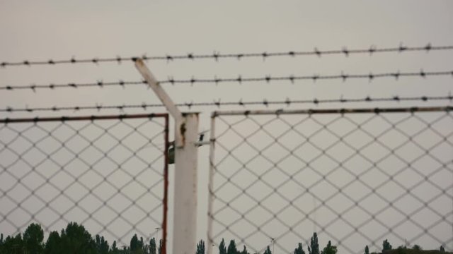 Military helicopter and barbe wire fence