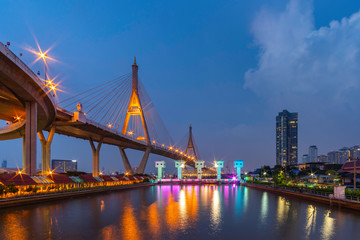 Fototapeta na wymiar Bhumibol Bridge with sunset in Bangkok Thailand