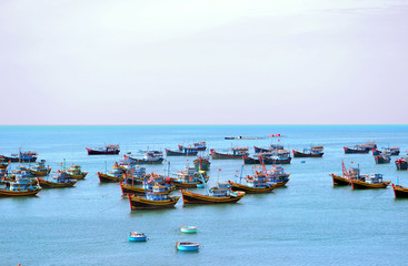 Beautiful Vietnamese fishing boats in the morning after the night of fishing. Mui Ne, Vietnam