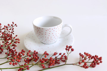 Romantic background with cup of coffee with rosehips on white table. Soft photo. Greeting card style. place for text.Top view flat lay with copy space for slogan or text.