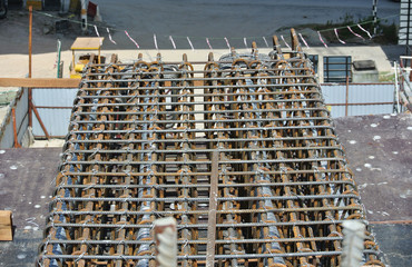 Hot rolled deformed steel bars or steel reinforcement bar at construction site. It is use to...