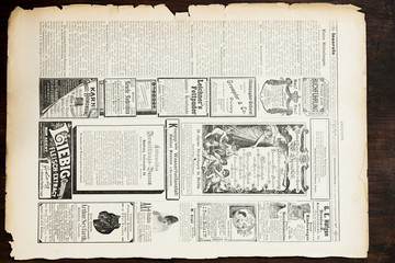 Top view of the old sheet with announcements from the book in 1891.