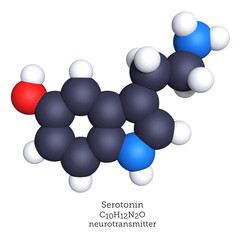 Serotonin neurotransmitter shown as a molecular model