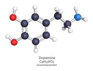 Dopamine neurotransmitter depicted as a molecular model