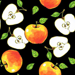 Apples fruits are isolated on a black background. Healthy food. Handwork. Seamless pattern for design.