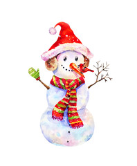 Funny snowman in Christmas hat and red-green striped scarf on snow background. New year postcard