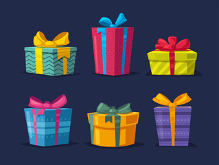 Set of boxes with gifts. Cartoon vector illustration