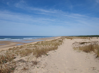 Ciel bleu et mer. La côte, Les dunes et l'immense plage de sable fin de Biscarrosse-plage dans les landes face à  l'océan Atlantique.