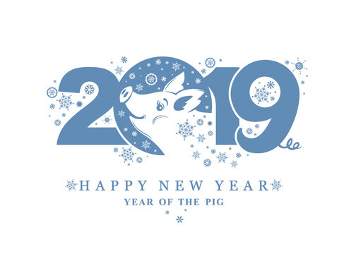 Year of the Pig 2019. Flat pattern 2019 and smiling pig. Vector template New Year's design on the Chinese calendar.