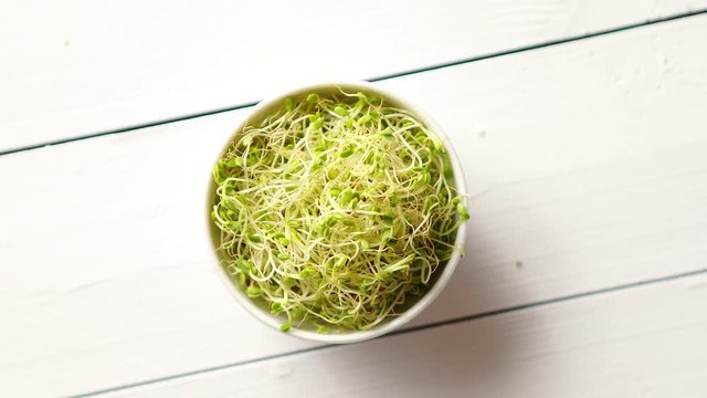 Bowl full of fresh radish sprouts placed on white wooden background. Top view.