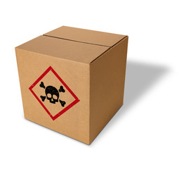Cardboard box with skull and cross-bones sign 