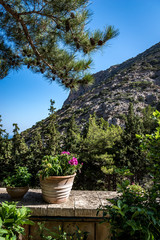 Blumen und Aussicht von einem Kloster in Kreta, Griechenland