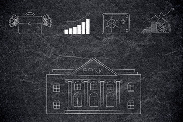 bank building with mixed capital and savings icons above