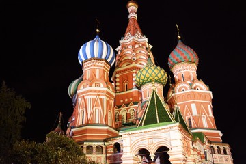 Saint Basils cathedral on the Red Square in Moscow. Color night photo.