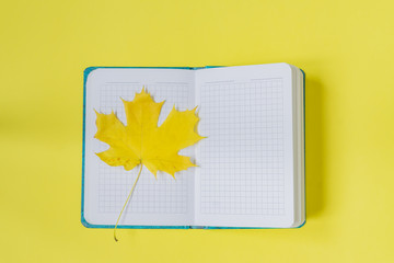 Blank open notebook with maple leaf  on yellow background. Empty diary and autumn concept