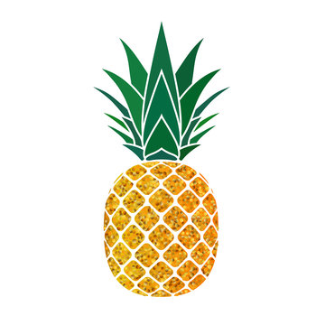 Pineapple golden with green leaf. Tropical gold exotic fruit isolated white background. Symbol of organic food, summer, vitamin, healthy. Nature logo. Design element icon. Vector illustration