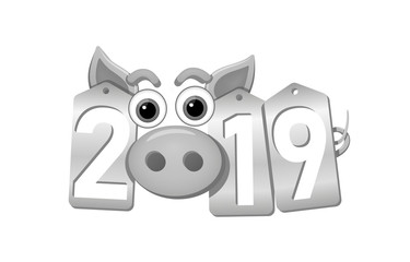 Happy New Year 3d background. Pig face, silver sale tags. 2019 numbers. Piggy snout. Chinese design decoration, celebration card, Christmas discount. Cartoon piglet nose. Vector Illustration