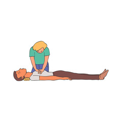 Cardiopulmonary resuscitation vector illustration - young woman doing chest compressions to man lying on floor. Isolated hand drawn emergency procedure of cardiac massage for first aid concept.