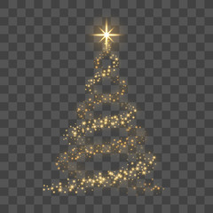 Christmas tree on transparent background. Gold Christmas tree as symbol of Happy New Year, Merry Christmas holiday celebration. Golden light decoration. Bright shiny design. Vector illustration