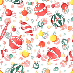 The pattern with watercolors New Year's decorations, gifts and sweets.