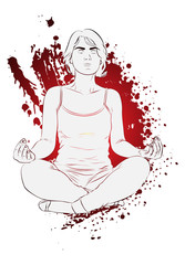 Yoga concept. Vector illustration of a woman doing yoga, meditating. Drawing with splash on the background.