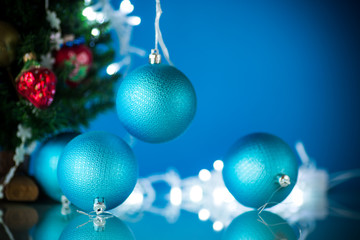 Christmas toys with a Christmas tree on a blue background