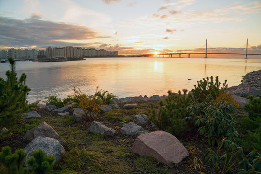 Evening view of the bridge over the Petrovsky canal, ZSD Central section at sunset.