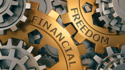 Words Financial Freedom Gold and silver gear weel background illustration. 3d render.