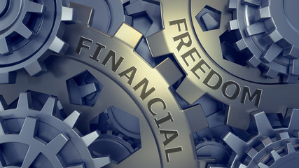 Words Financial Freedom Gold and silver gear weel background illustration. 3d render.
