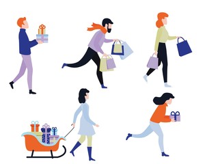 Flat people, male and female characters running holding present gift boxes for christmas, birthday or new year holiday celebration set. Women, men with surprise for family. Vector illustration