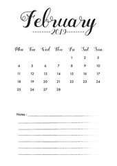 Minimal Calendar design for February of 2019 with notes space for desk planner and organiser the appointment.