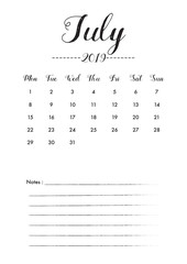 Minimal Calendar design for July of 2019 with notes space for desk planner and organiser the appointment.