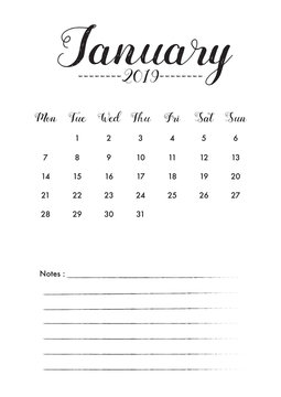Minimal Calendar design for January of 2019 with notes space for desk planner and organiser the appointment.