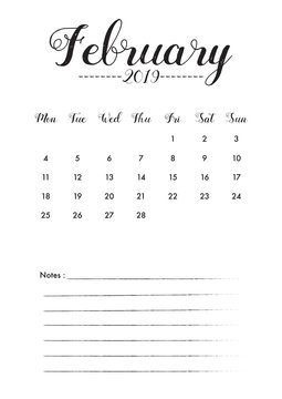 Minimal Calendar design for February of 2019 with notes space for desk planner and organiser the appointment.