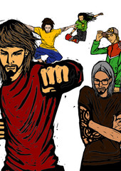 Five people involved in different activities