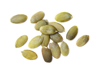 Pile of raw pumpkin seeds on white background, top view