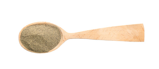 Wooden spoon with pepper powder on white background, top view