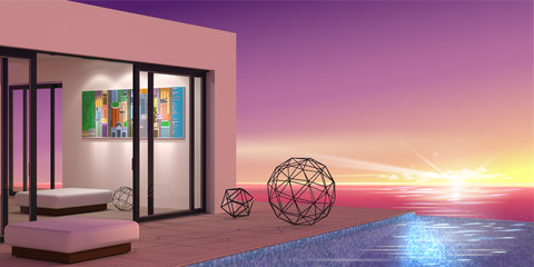 3D illustration. Patio or terrace with pool modern luxury villas with sea views.