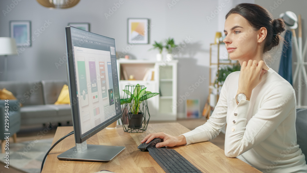 Poster beautiful female software designer works on a ux / ui mobile app template, uses personal computer. f