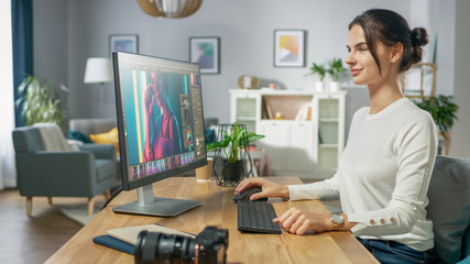 Professional Female Photographer Works in Photo Editing App / Software on His Personal Computer. Photo Editor Retouching Photos of Beautiful Girl. Mock-up Software Design.