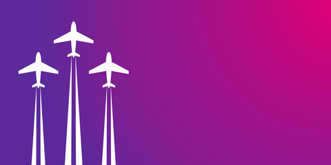 planes on a purple gradient background. Transport, tourism, adventure or travel.