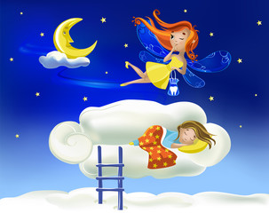 Obraz na płótnie Canvas Cute cartoon fairy flies flying against the background of the starry sky above a little girl sleeping on a cloud