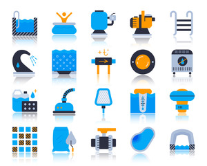 Pool Equipment simple flat color icons vector set