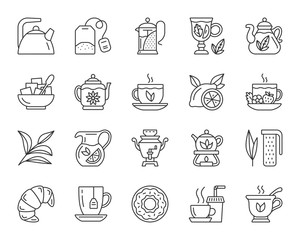 Tea simple black line icons vector set