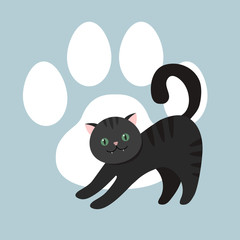 black cat arched its back. Vector flat illustration.