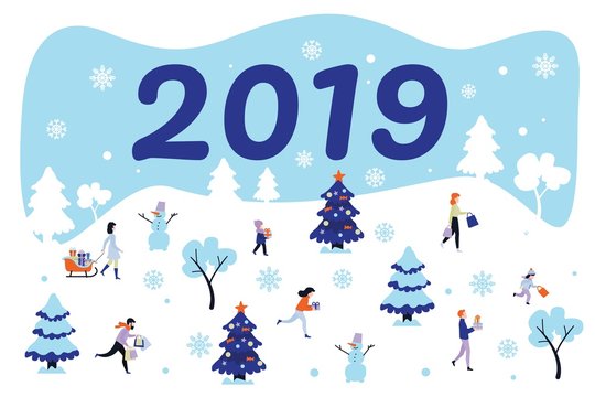 2019 new year, christmas holiday symbols and characters set poster. Men and women, kids running with present boxes, winter trees with snowcaps, snowman and snowflakes vector