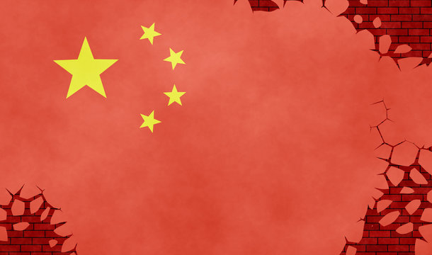 Illustration of a Chinese flag, imitation of a painting on the cracked wall