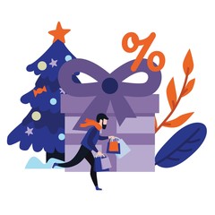 Flat man in winter outdoor clothing running holding shopping bags with purchases made during store clearance and discounts on background of decorated christmas tree, present box. Vector illustration