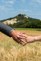 mains d'amoureux qui se tiennent dans un champs de blé - romantique