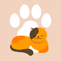 Orange cat sleeping. Vector flat illustration. Cartoon pet.